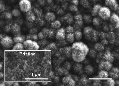 This scanning electron microscope image shows the carbon cathode of a carbon-dioxide-based battery made by MIT researchers, after the battery was discharged. It shows the buildup of carbon compounds on the surface, composed of carbonate material that could be derived from power plant emissions, compared to the original pristine surface (inset).